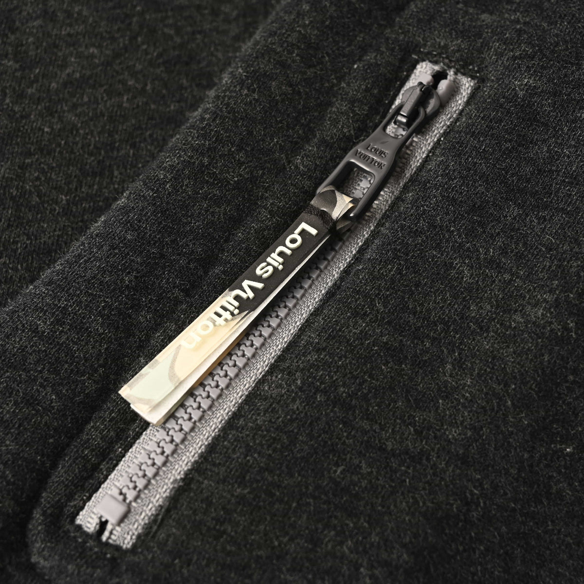 Louis Vuitton Charcoal Cotton Fleece Crewneck Sweatshirt with Embroidered Chest Logo, Zip Sleeve Pocket and Contrast Monogram Flower Back Detail