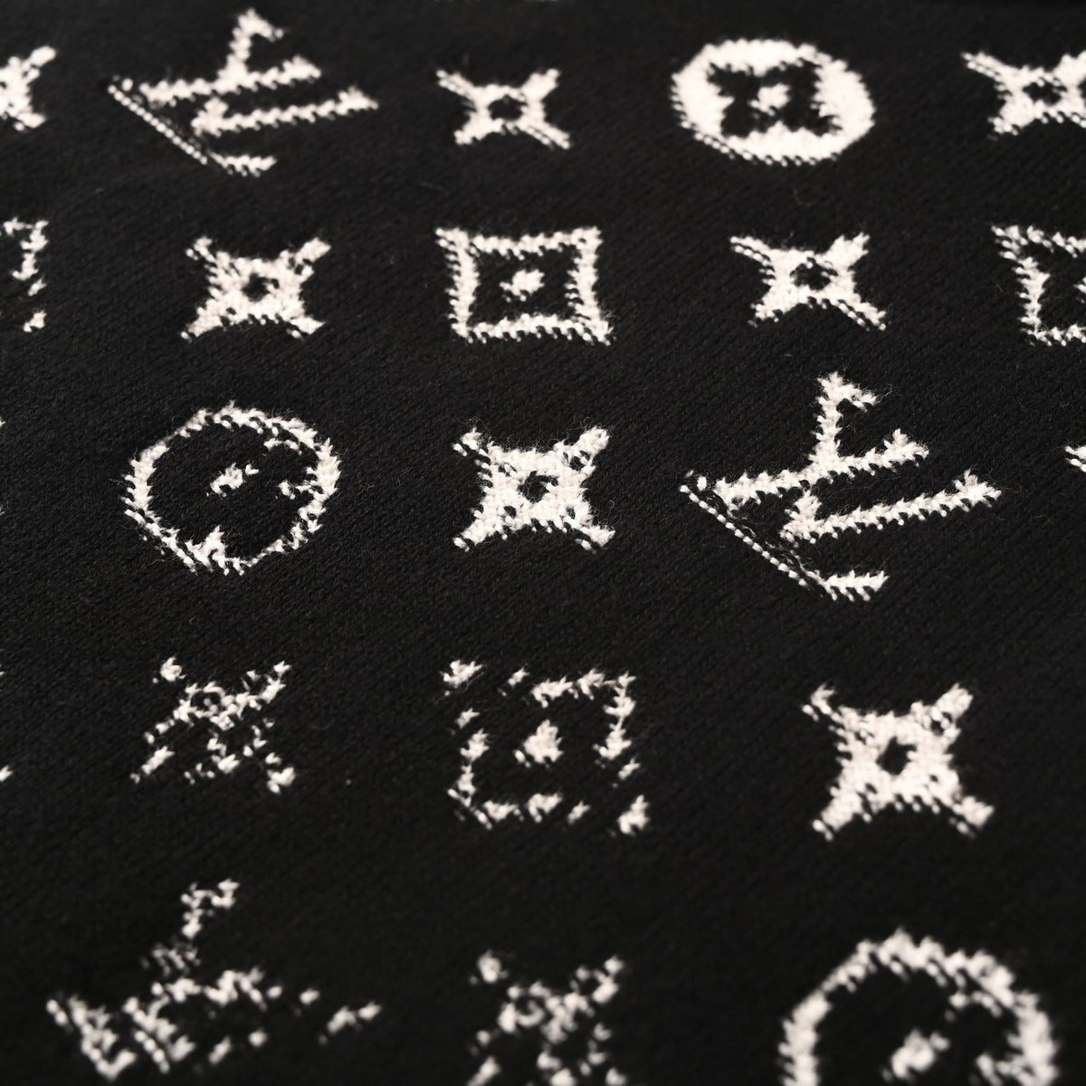 Louis Vuitton Black Gradient Monogram Cotton Crewneck Sweater, Fitted Fine-Knit Jacquard Pullover with White Fade-Out Motifs and Ribbed Trims