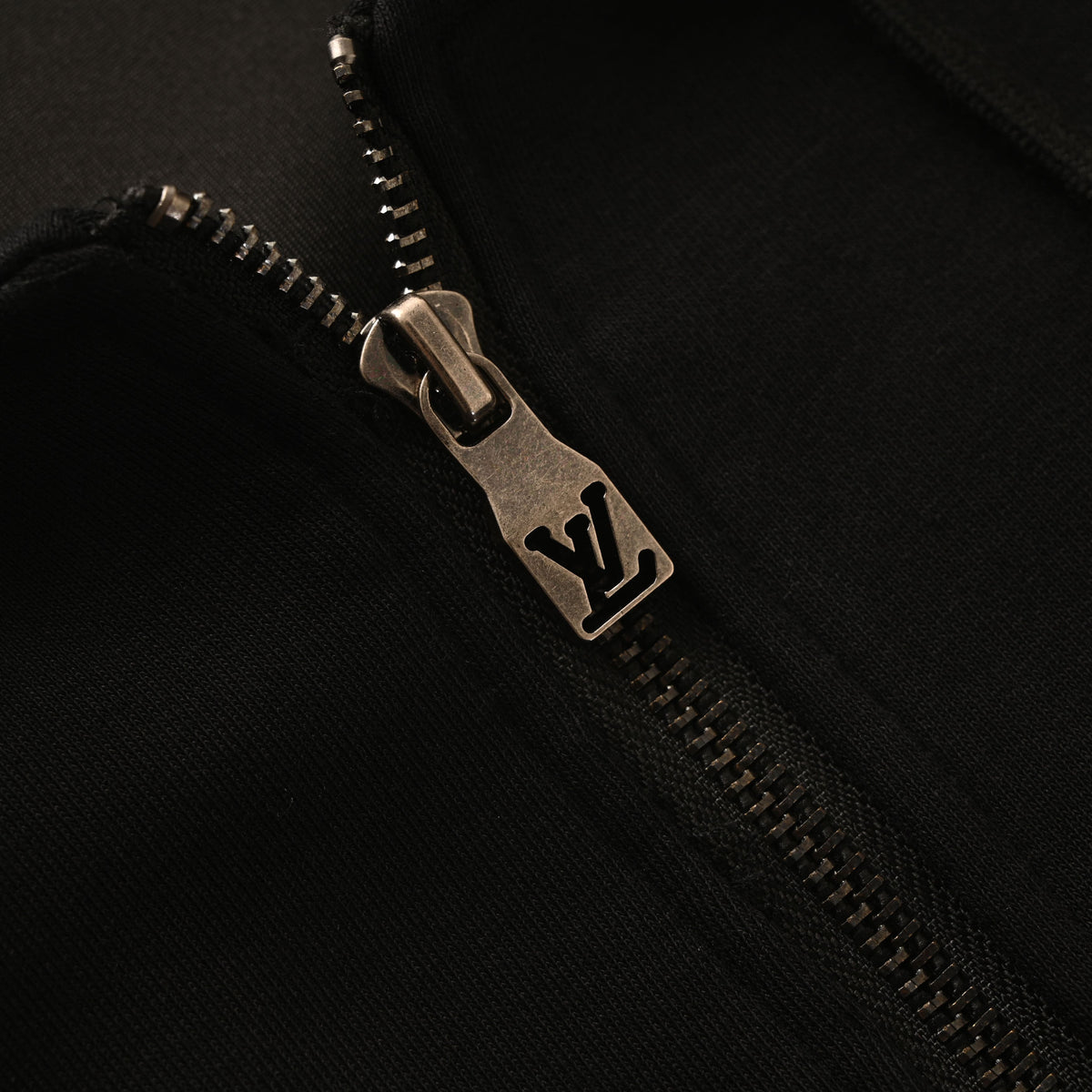 Louis Vuitton Black Metal Logo Zip-Up Hoodie with Pearl-Accented Drawstrings, Heavyweight Relaxed-Fit Hooded Jacket for Designer Streetwear