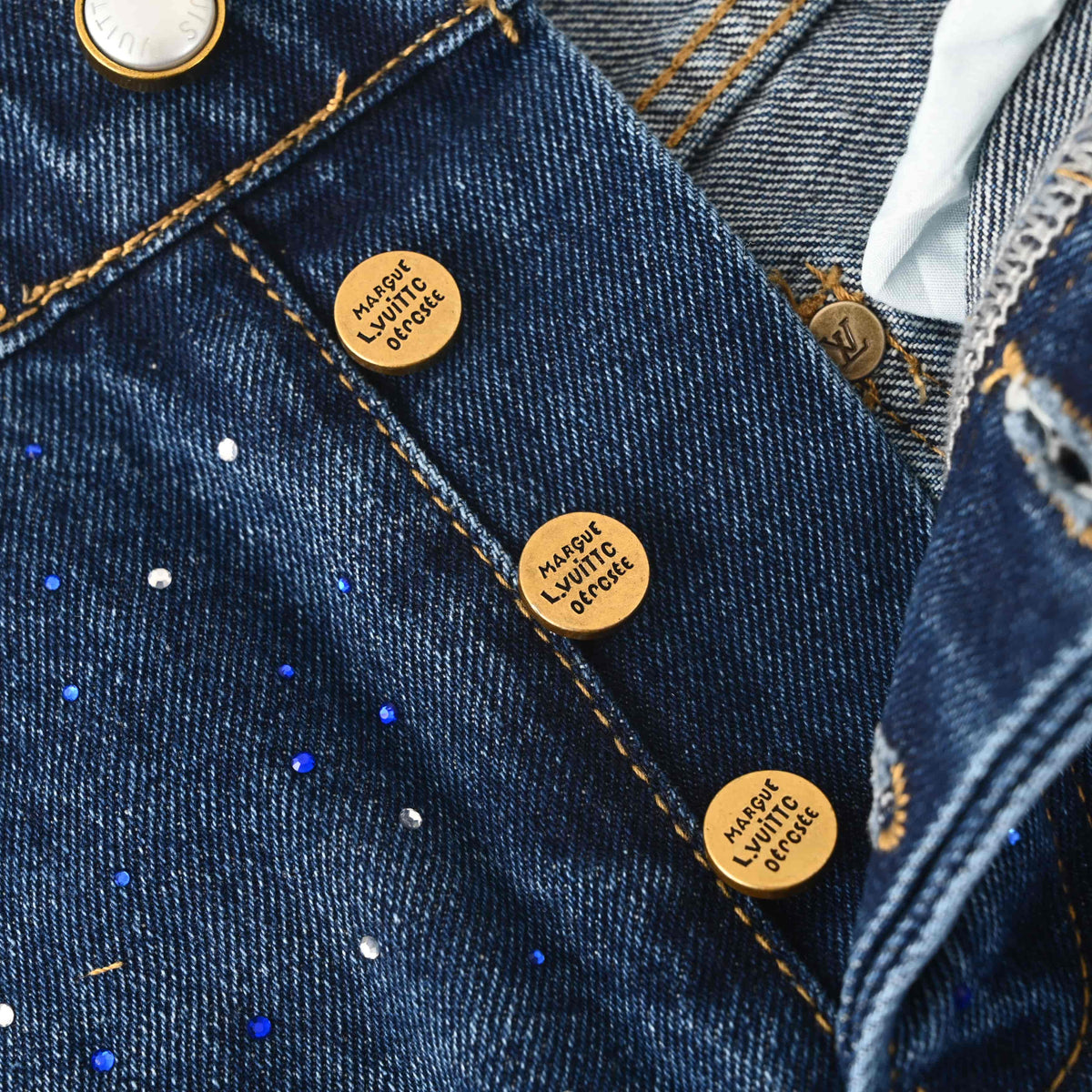 Louis Vuitton Washed Indigo Rhinestone Straight-Leg Jeans, Unisex Vintage-Look Denim Trousers with Scattered Sparkle and Five-Pocket Styling