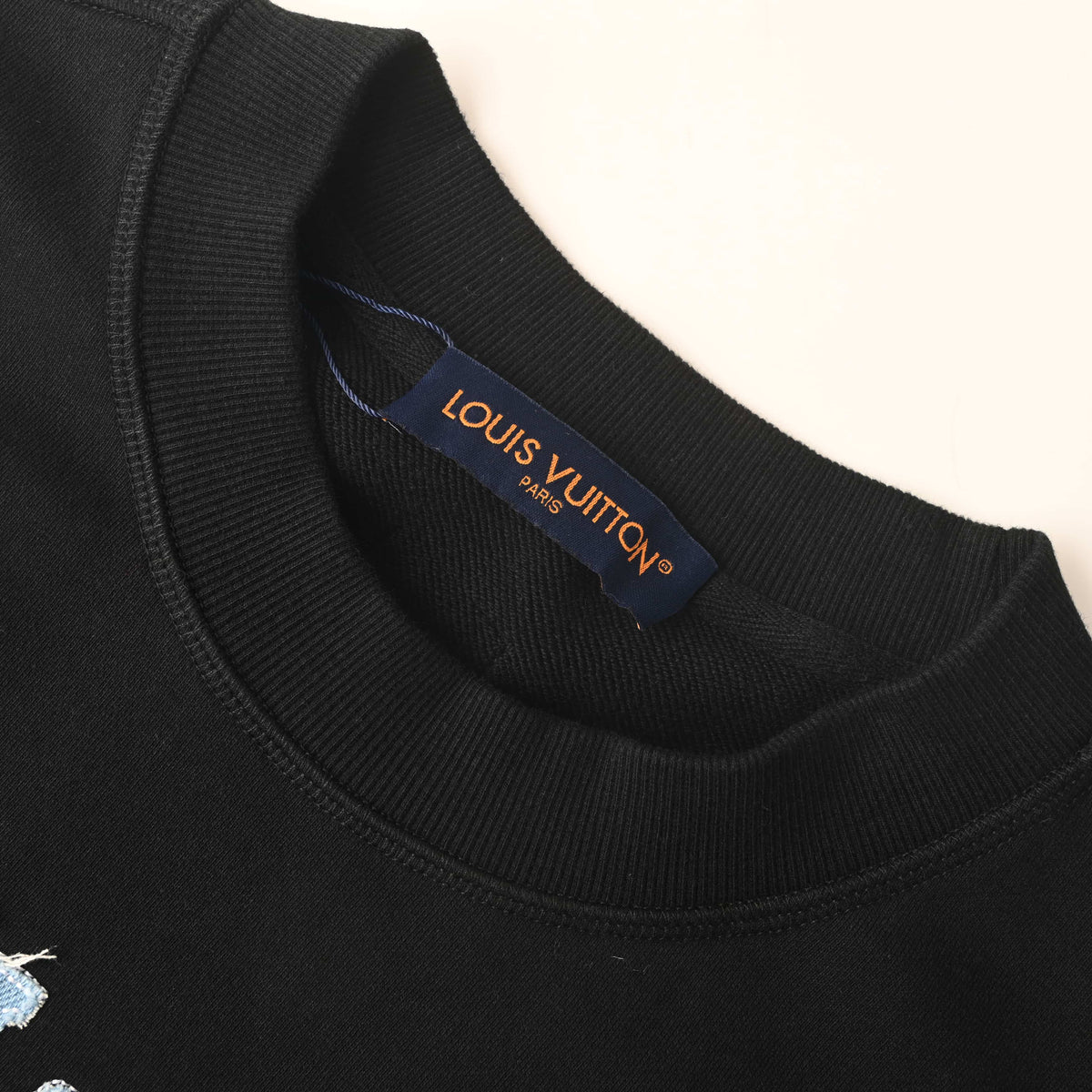 Louis Vuitton Denim Appliqué Letter Embroidered Crewneck Sweatshirt | Designer Textured Pullover for Casual Streetwear