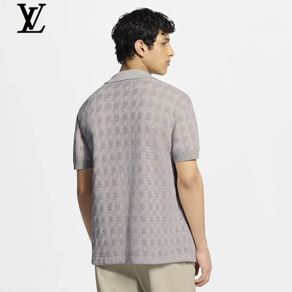 Louis Vuitton Light Grey Crochet Knit Short Sleeve Polo Leather Tag