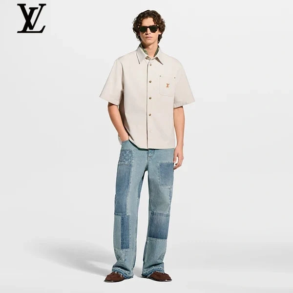 Louis Vuitton Beige Canvas Short Sleeve Shirt Gold LV Embroidery Pocket