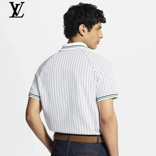 Louis Vuitton White Thin Vertical Stripe Short Sleeve Polo Fabric Tag