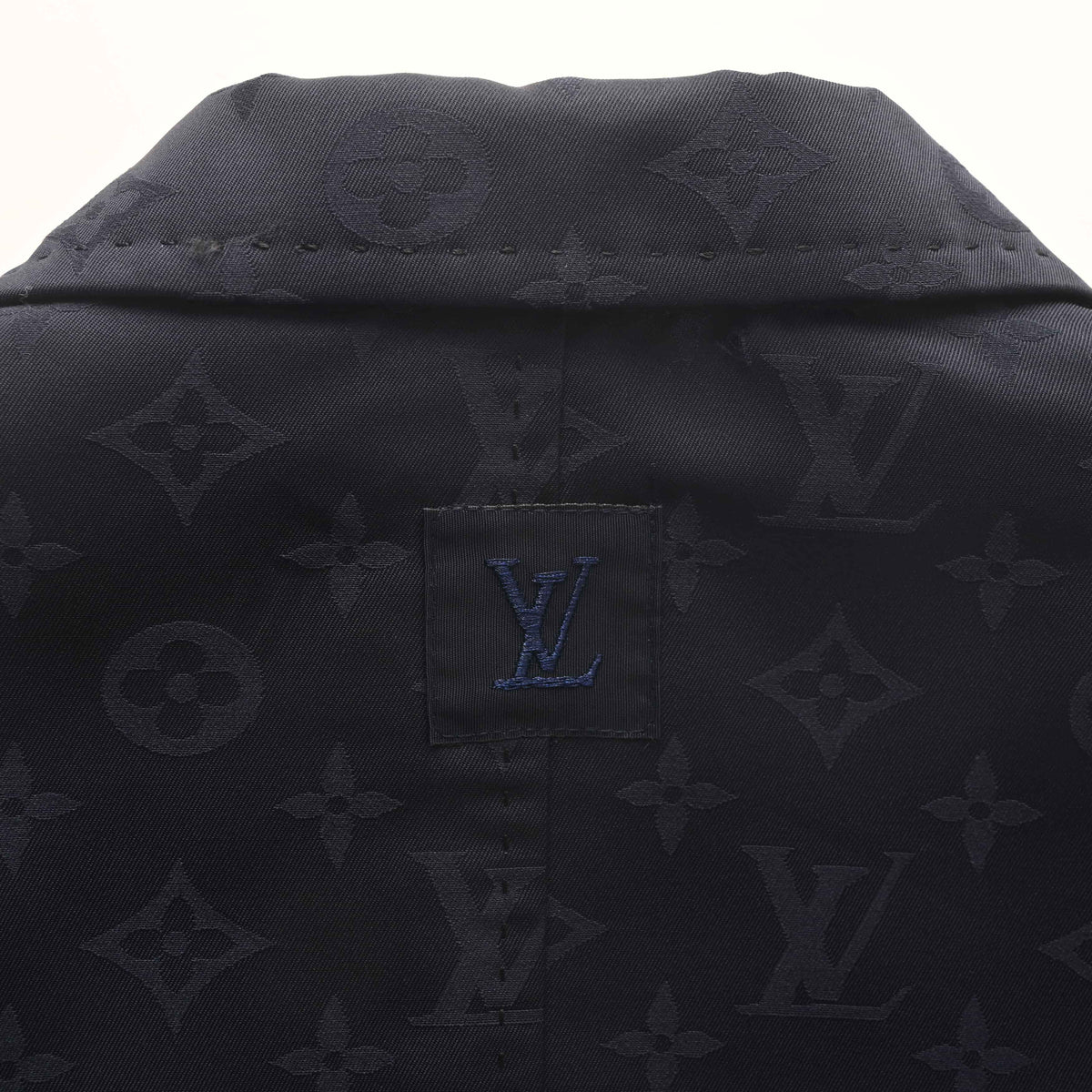 Louis Vuitton Navy Monogram Jacquard Wool Suit Jacket, Fitted Single-Breasted Blazer with Two-Button Front, Notch Lapels and Patch Pockets
