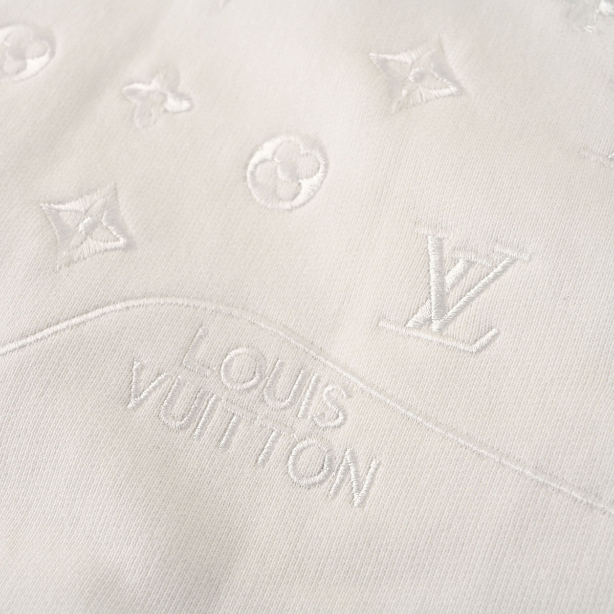 Louis Vuitton Ivory Tonal Monogram Pullover Hoodie, Embroidered Hooded Sweatshirt with Wave Chest Detail, Kangaroo Pocket and Ribbed Trim