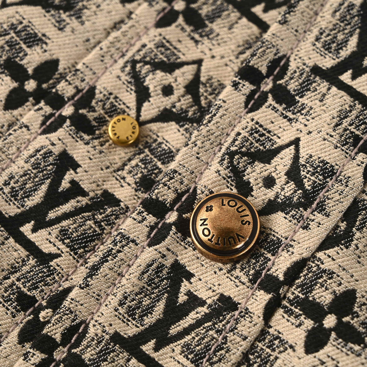 Louis Vuitton Beige All-Over Monogram Jacket with Embroidered Logo Motifs, Button-Up Trucker Silhouette, Twin Chest Pockets and Bronze-Tone Buttons