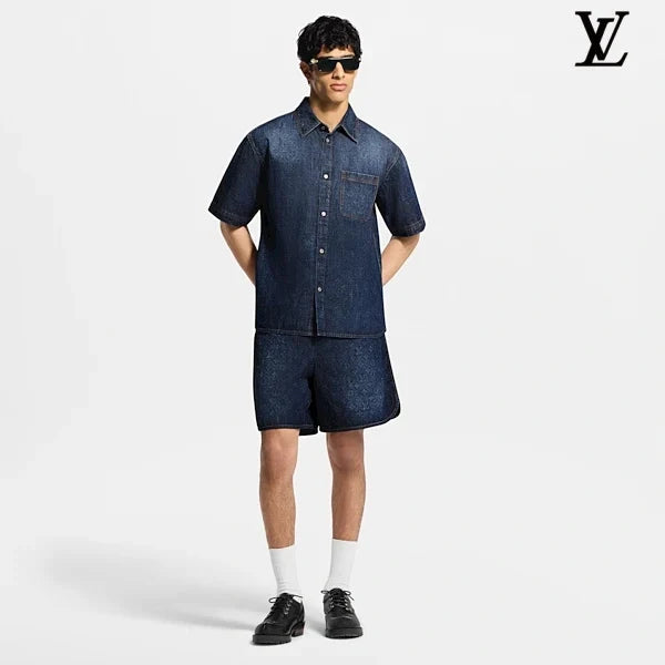 Louis Vuitton Dark Blue Monogram Embossed Elastic Waist Denim Shorts