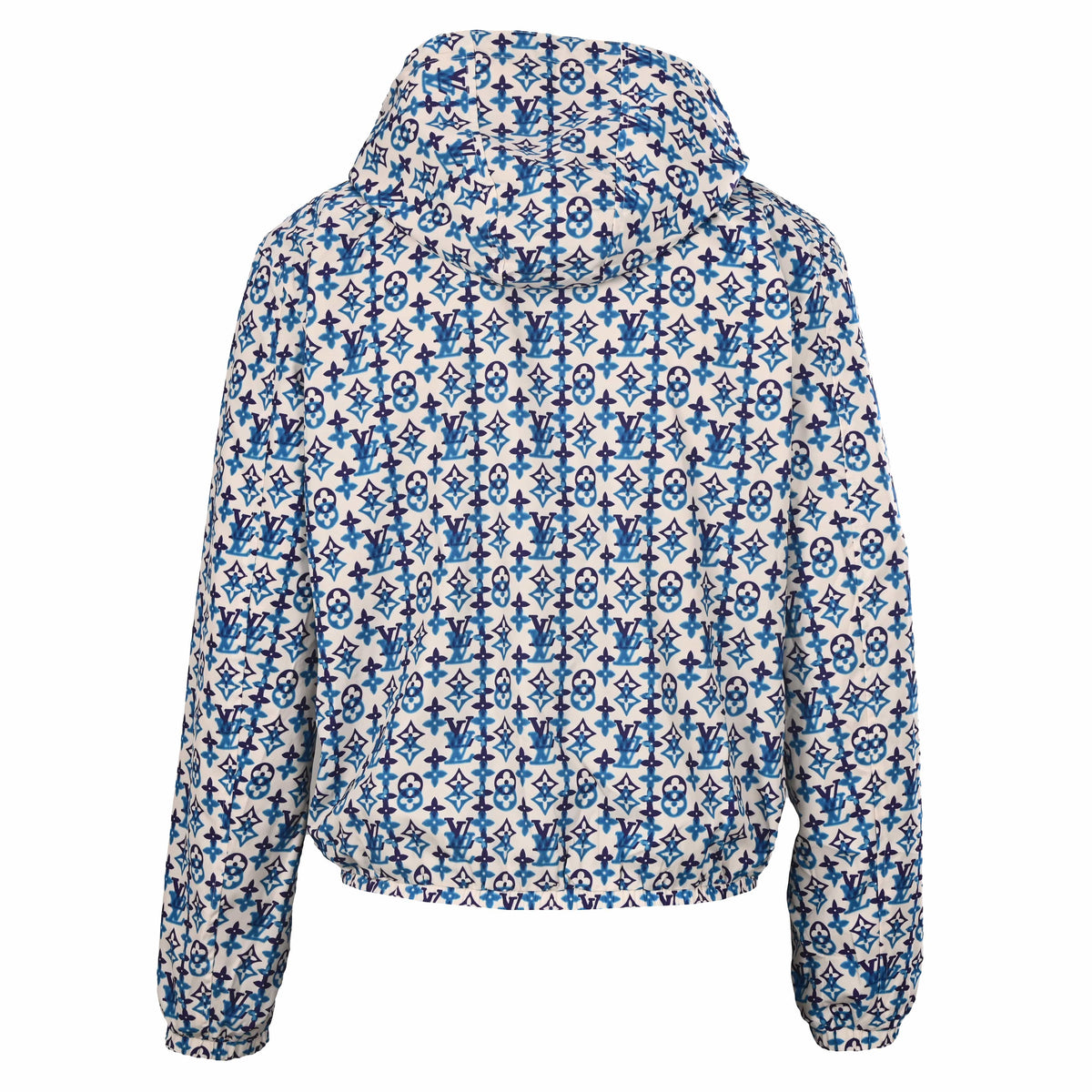 Louis Vuitton Beige Reversible Hooded Windbreaker, Crinkled Nylon Zip-Up Utility Jacket with Blue Monogram Print and Sleeve Pocket