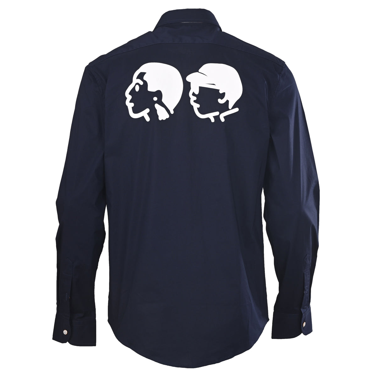 Louis Vuitton Nigo Navy Portrait Graphic Shirt, Unisex Long-Sleeve Rayon Poplin Button-Up with Embroidered Chest Logo and Contrast Back Print