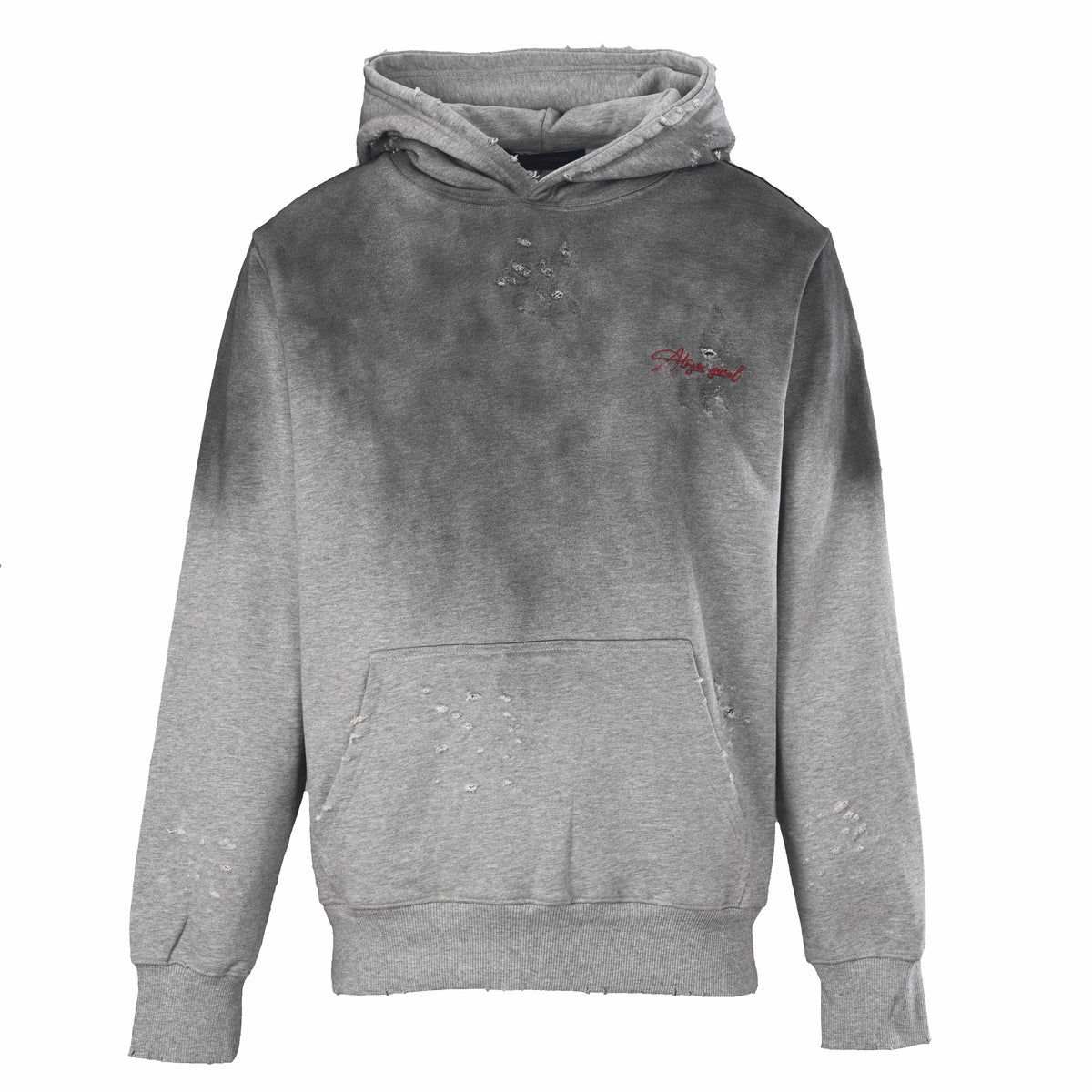 Louis Vuitton Washed Grey Floral Embroidered Hoodie, Heavyweight Cotton Pullover with Distressed Holes, Script Back Lettering and Kangaroo Pocket
