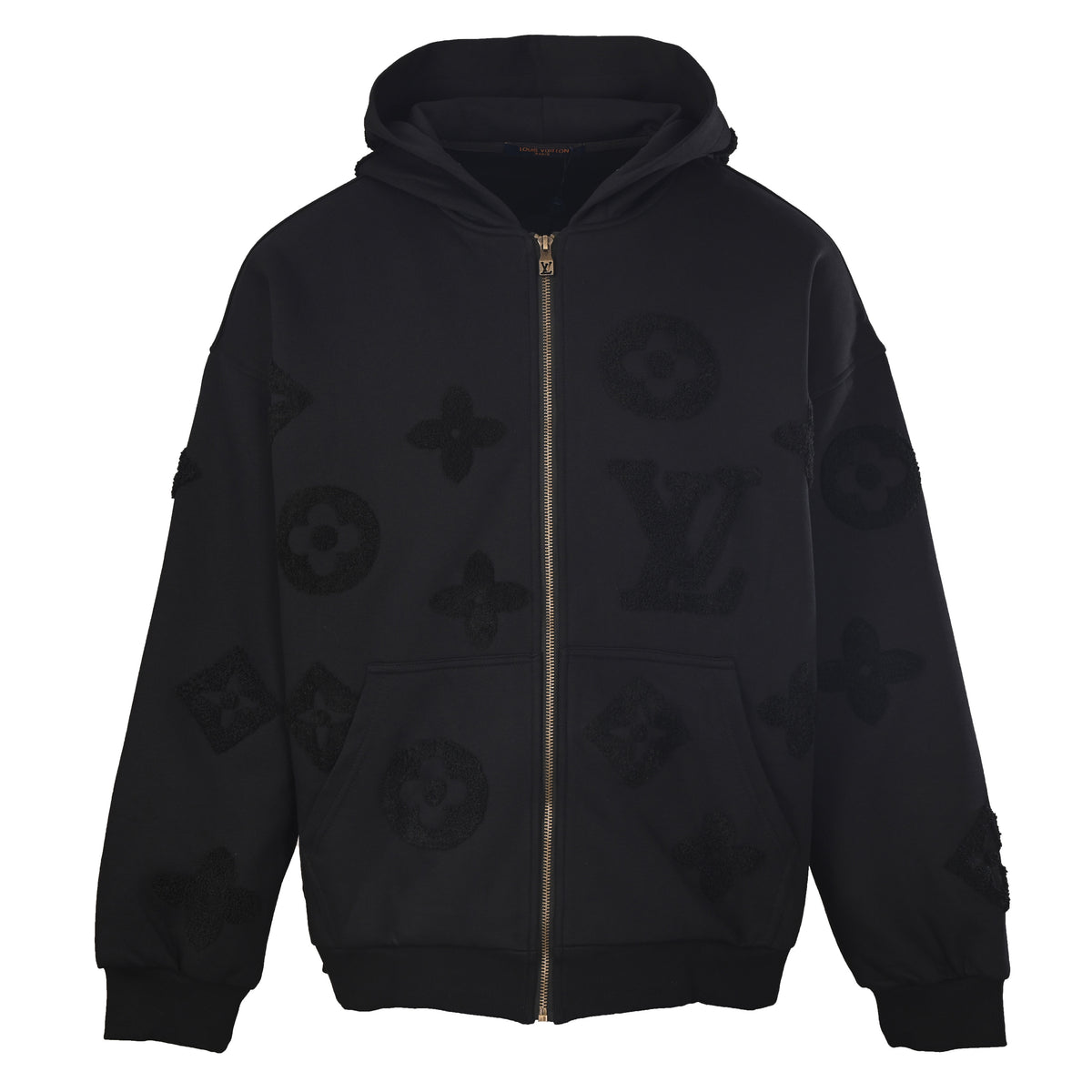 Louis Vuitton Black Tonal Monogram Embroidered Zip-Up Hoodie, Heavyweight Relaxed-Fit Hooded Jacket with Raised Terry Logo Streetwear Detailing