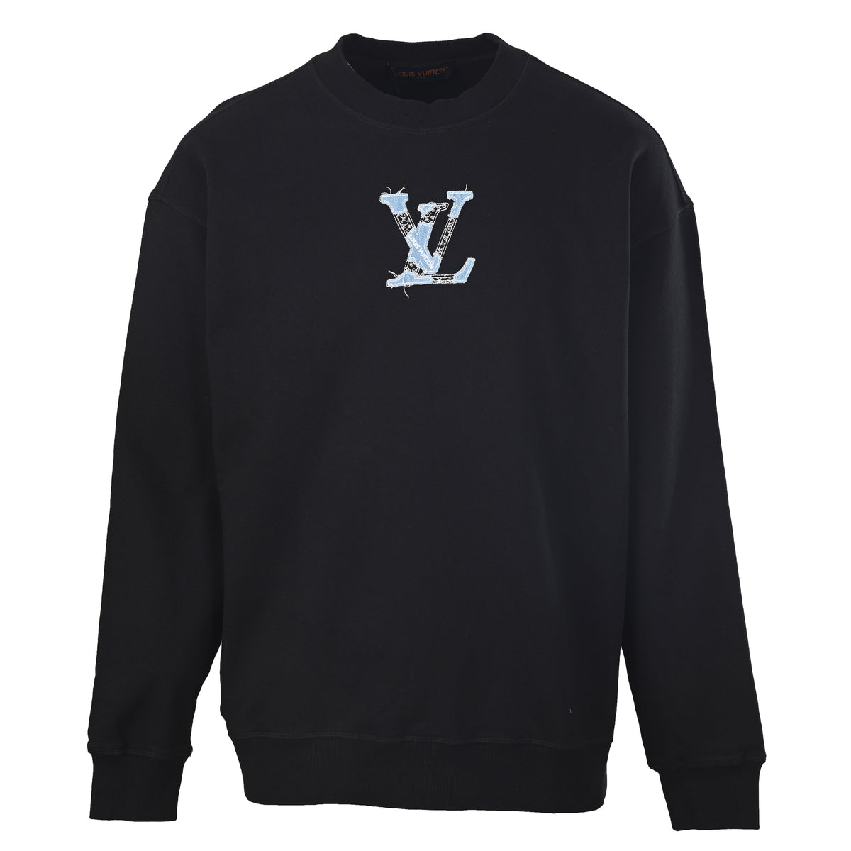 Louis Vuitton Denim Appliqué Letter Embroidered Crewneck Sweatshirt | Designer Textured Pullover for Casual Streetwear
