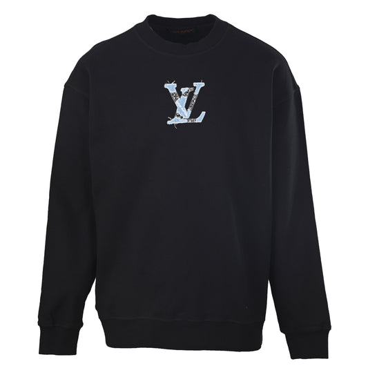 Louis Vuitton Denim Appliqué Letter Embroidered Crewneck Sweatshirt | Designer Textured Pullover for Casual Streetwear