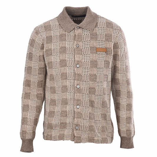 Louis Vuitton Beige Checkerboard Knit Cardigan, Fitted Wool-Cotton Blend Button-Up Sweater with Polo Collar and Textured Openwork Jacquard