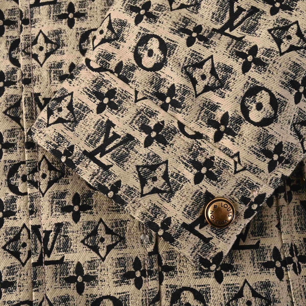 Louis Vuitton Beige All-Over Monogram Jacket with Embroidered Logo Motifs, Button-Up Trucker Silhouette, Twin Chest Pockets and Bronze-Tone Buttons