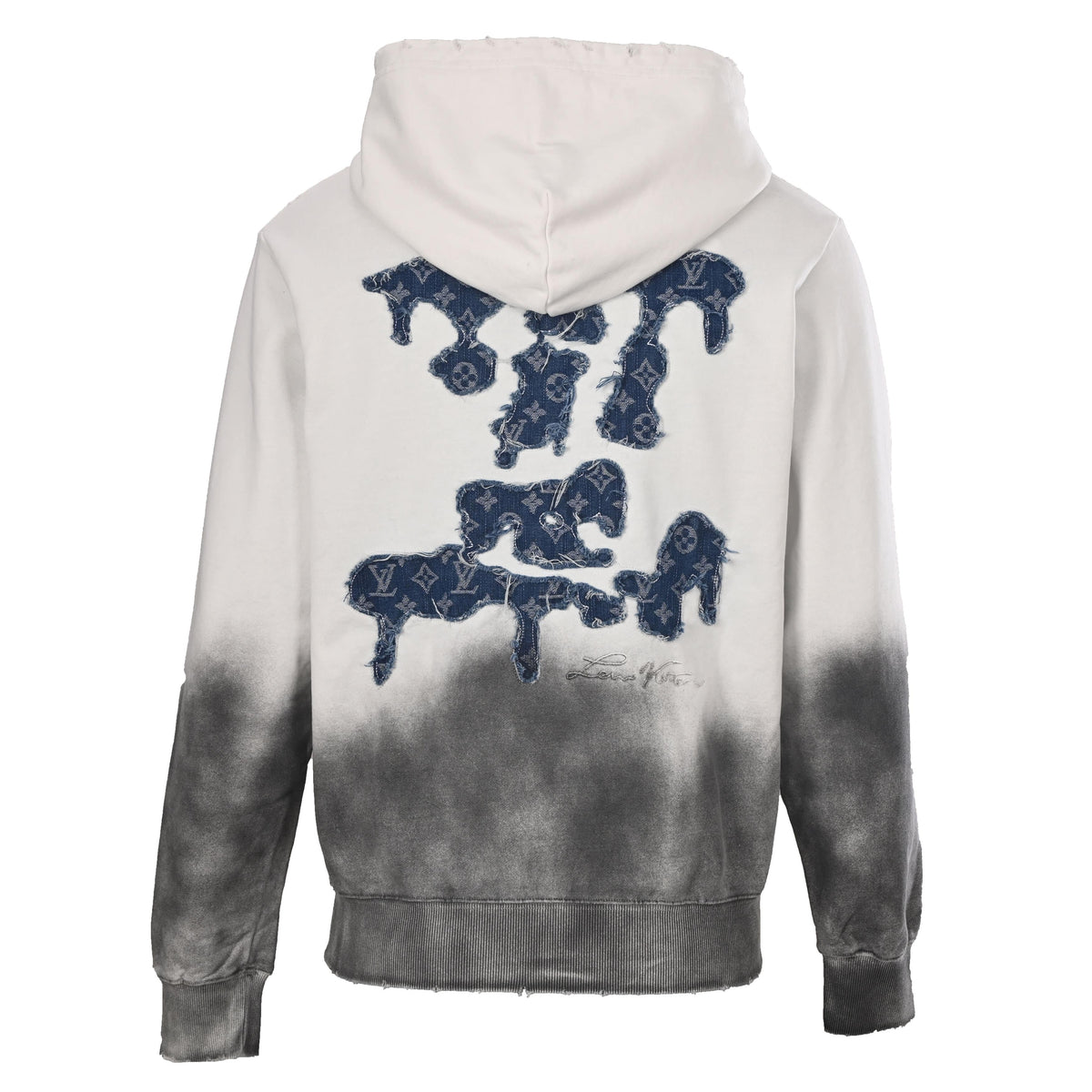 Louis Vuitton Ivory and Grey Ombré Cloud Logo Hoodie, Heavyweight Pullover Sweatshirt with Frayed Monogram Denim Appliqué and Distressed Finish