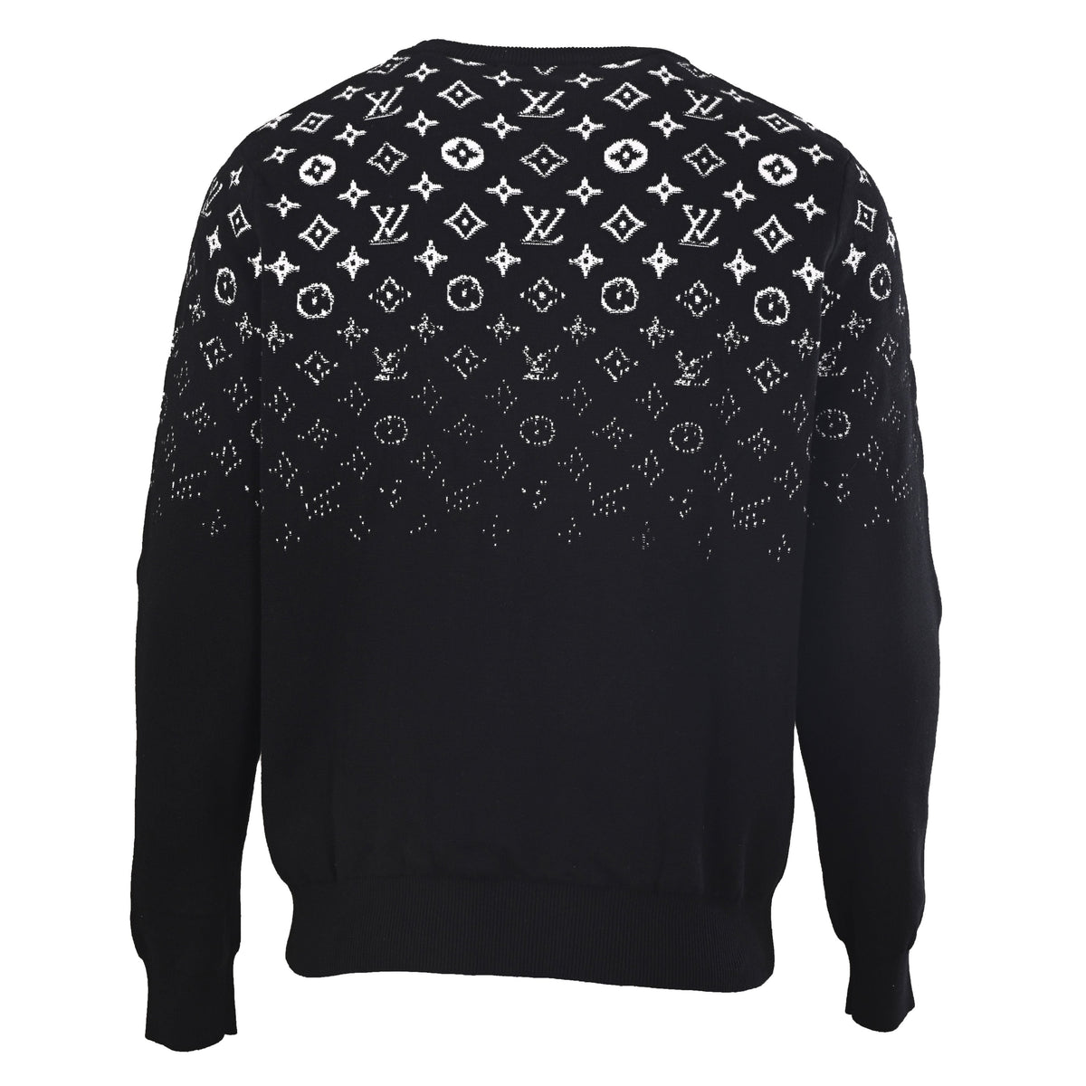 Louis Vuitton Black Gradient Monogram Cotton Crewneck Sweater, Fitted Fine-Knit Jacquard Pullover with White Fade-Out Motifs and Ribbed Trims