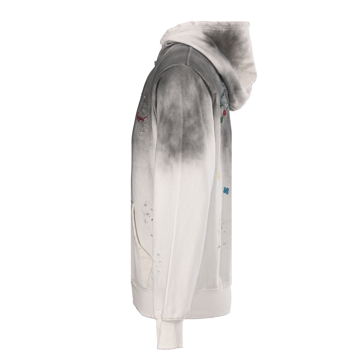 Louis Vuitton Ivory Smoky-Wash Floral Hoodie, Heavyweight Cotton Pullover with Colorful Back Embroidery, Red Script Lettering and Distressed Details