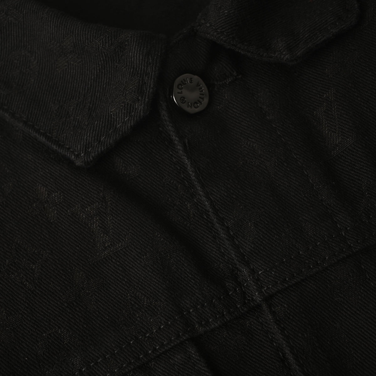 Louis Vuitton Black Tonal Monogram Denim Shacket, Unisex Button-Up Jean Jacket with Slub Jacquard Texture, Point Collar and Twin Chest Pockets