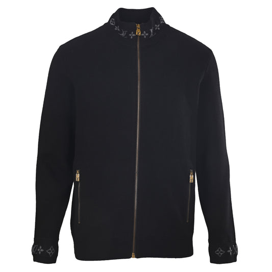 Louis Vuitton Double-Knit Sweater Jacket with Jacquard Collar & Sleeve Details | Defined-Waist Designer Knitwear