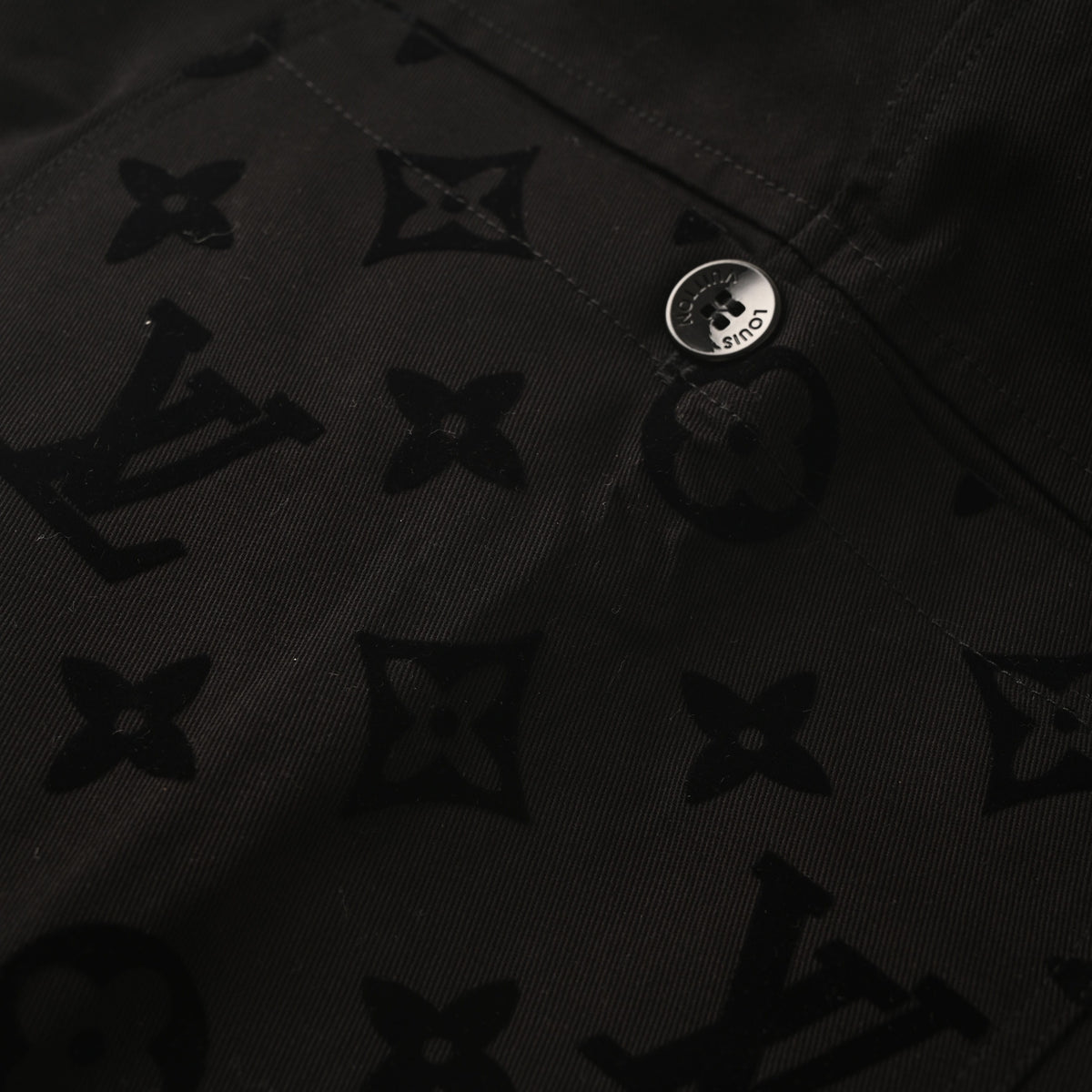 Louis Vuitton Black Flocked Monogram Jeans - Patchwork Distressed Denim Pants with Engraved Stud Streetwear Accents