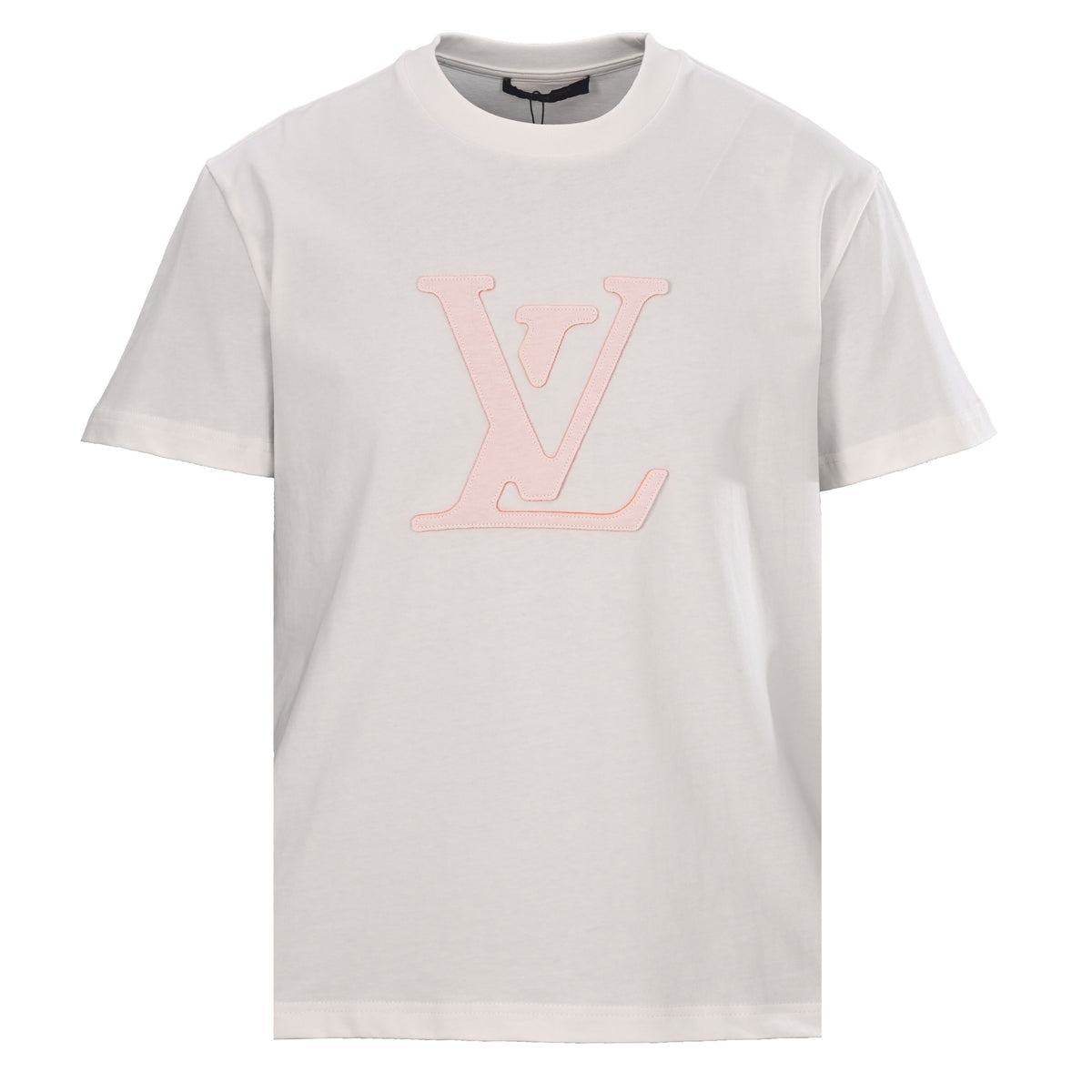 Louis Vuitton White Cotton Crewneck T-Shirt with Pale Pink Laser-Cut Logo, Fitted Short-Sleeve Designer Casual Tee