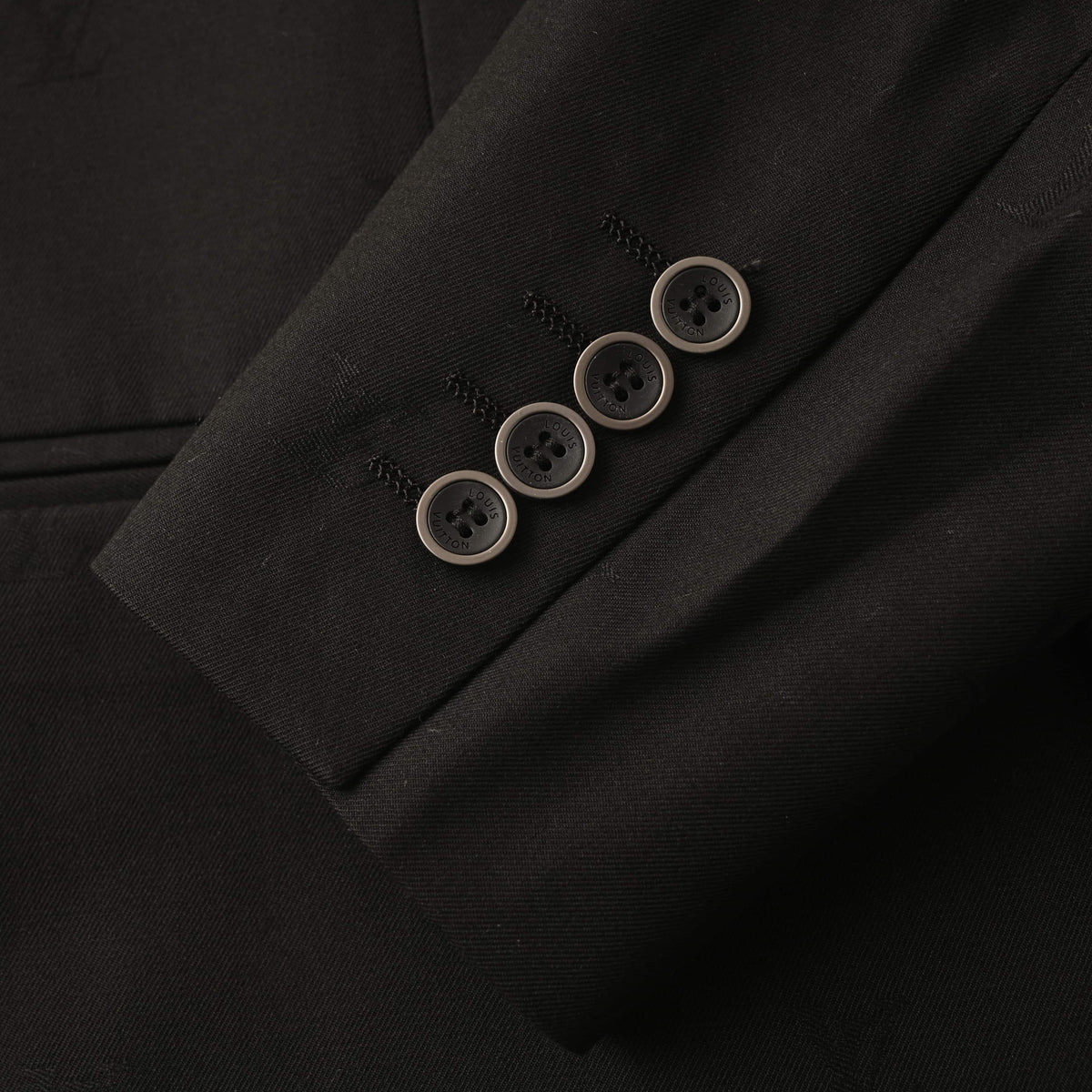 Louis Vuitton Black Tonal Monogram Jacquard Blazer, Wool Satin Two-Button Tailored Suit Jacket with Notch Lapels and Hand-Finished Cuffs