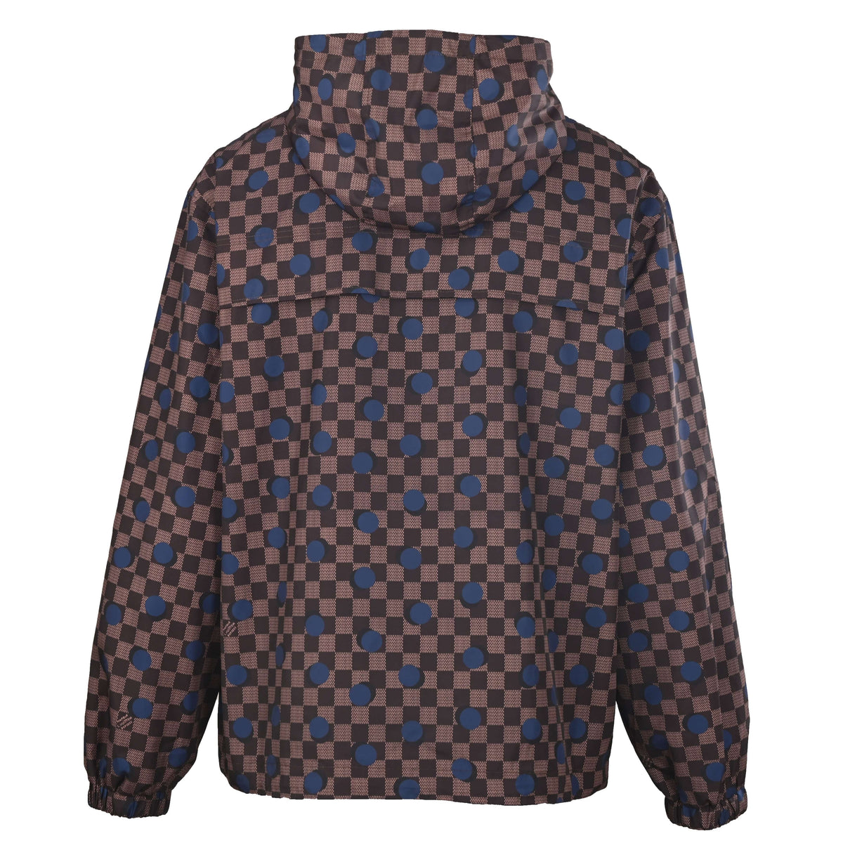 Louis Vuitton Brown Checkerboard Hooded Windbreaker with Blue Polka Dots, Unisex Relaxed-Fit Zip-Up Jacket in Water-Repellent Fabric