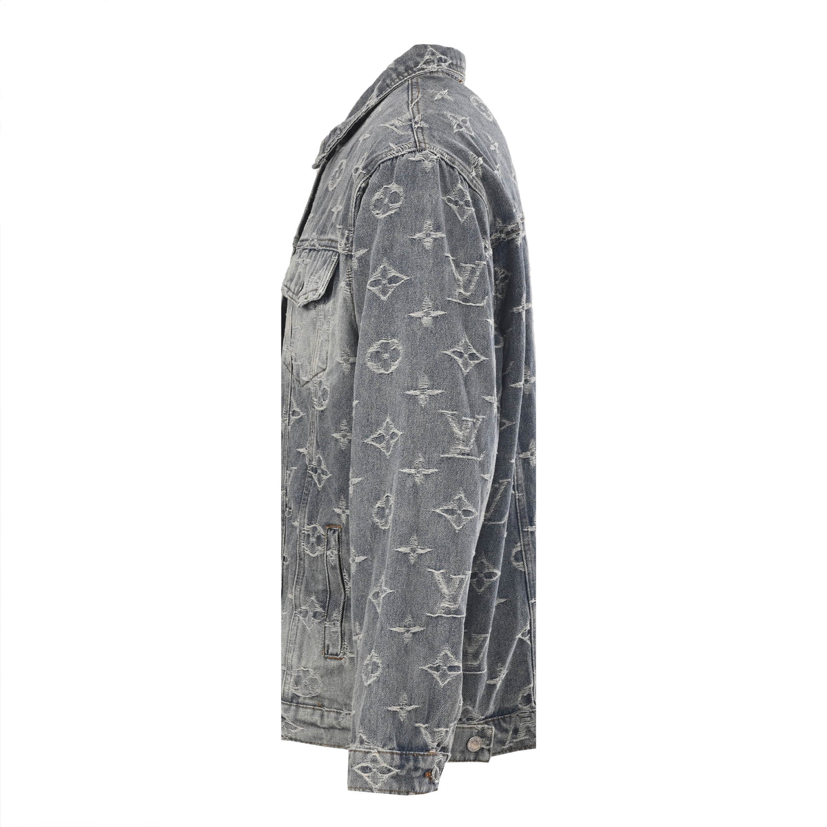 Louis Vuitton Washed Grey Monogram Jacquard Denim Jacket, Unisex Vintage-Look Button-Up Trucker with All-Over Logo Texture and Chest Flap Pockets