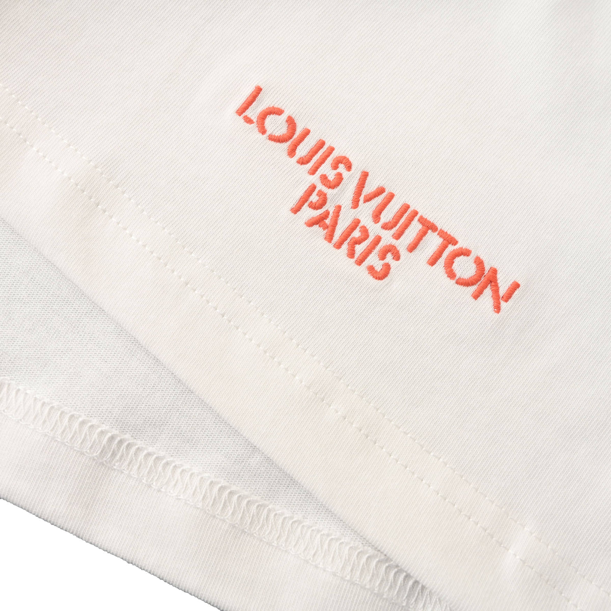 Louis Vuitton White Cotton Crewneck T-Shirt with Pale Pink Laser-Cut Logo, Fitted Short-Sleeve Designer Casual Tee