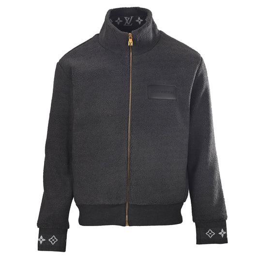 Louis Vuitton Black Polar Fleece Zip-Up Jacket with Monogram Jacquard Collar and Cuffs, Fitted Stand-Collar Casual Outerwear