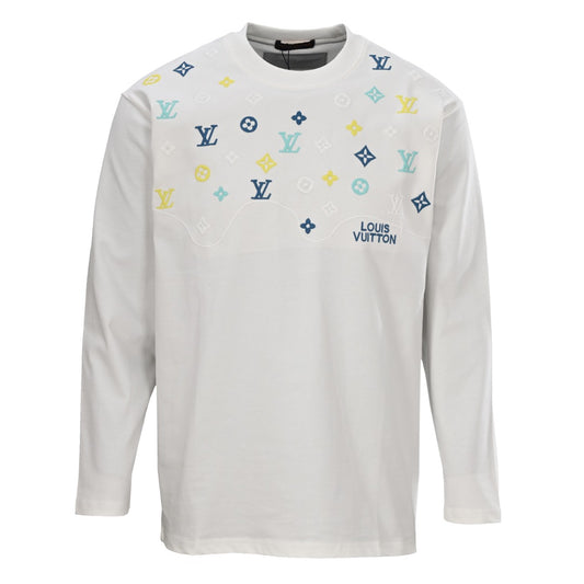 Louis Vuitton White Cotton Long-Sleeve T-Shirt with Pastel Monogram Embroidery, Unisex Crewneck Tee with Mint, Yellow and Navy Chest Motifs