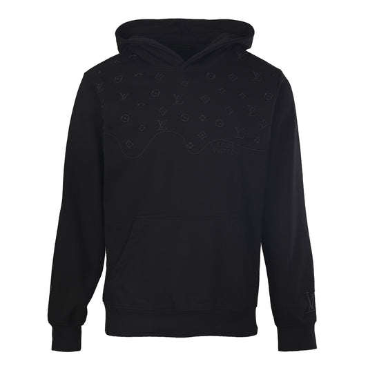 Louis Vuitton Black Tonal Monogram Pullover Hoodie with Wave Chest Panel, Embroidered Logo Detailing and Ribbed Trim for Minimalist Streetwear