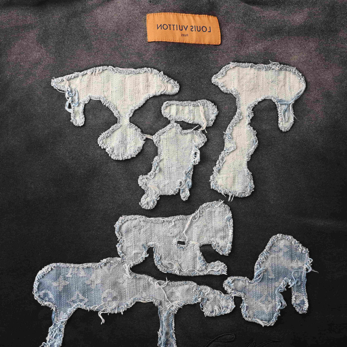 Louis Vuitton Washed Black Cloud Logo Pullover Hoodie, Heavyweight Loopback Terry Sweatshirt with Frayed Denim Appliqué and Distressed Detailing
