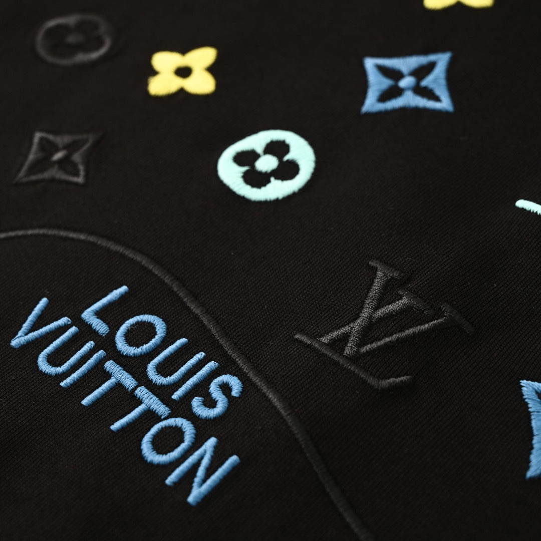 Louis Vuitton Black Multicolor Monogram Embroidered Long-Sleeve T-Shirt, Unisex Cotton Crewneck with Pastel Chest Motifs and Wave Detailing