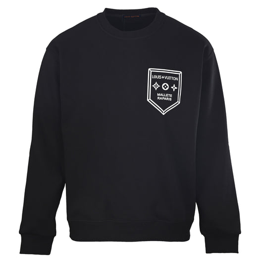 Louis Vuitton Black Shield Logo Crewneck Sweatshirt, Oversized Unisex Combed Cotton Pullover with White Puff-Print Emblem for Minimalist Streetwear