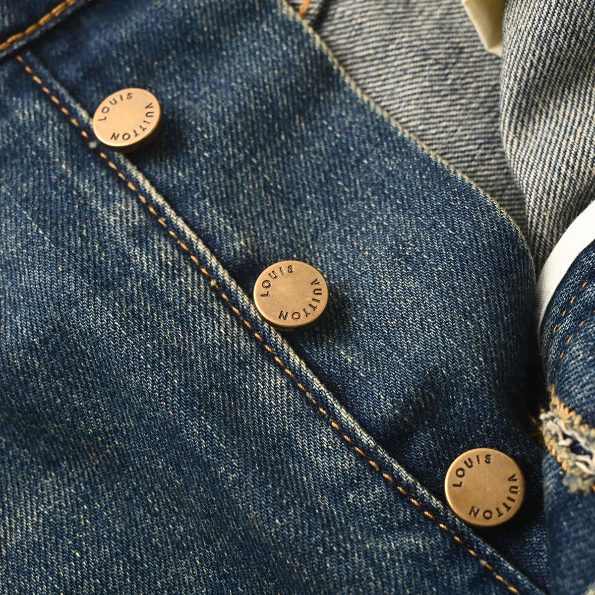 Louis Vuitton Washed Blue Straight-Leg Jeans with Brown Leather Back Pockets, Vintage-Inspired Designer Denim