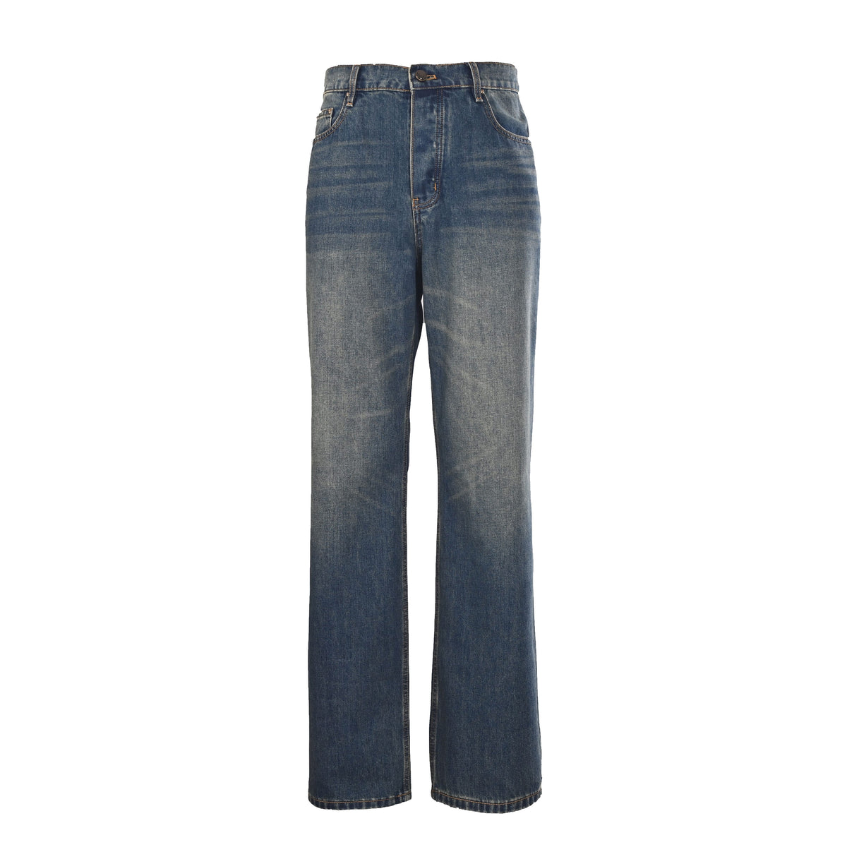 Louis Vuitton Washed Blue Straight-Leg Jeans with Brown Leather Back Pockets, Vintage-Inspired Designer Denim