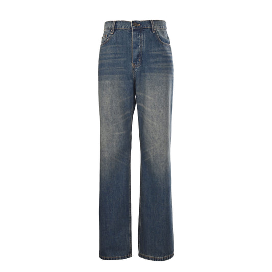 Louis Vuitton Washed Blue Straight-Leg Jeans with Brown Leather Back Pockets, Vintage-Inspired Designer Denim