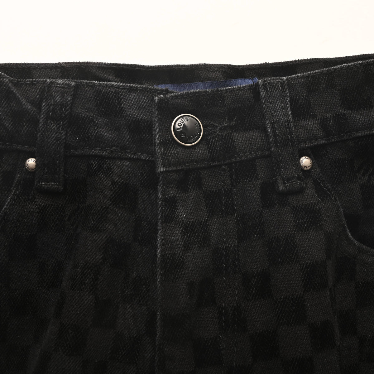 Louis Vuitton Mosaic Flocked Checkerboard Panel Jeans | Designer Statement Denim Pants for Streetwear Styling