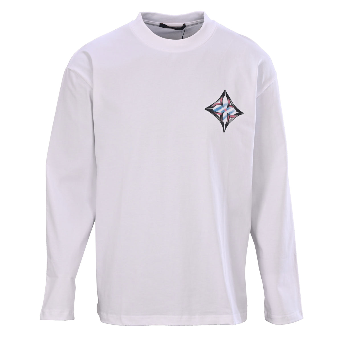 Louis Vuitton White Graffiti Flower Long-Sleeve T-Shirt, Relaxed Cotton Graphic Tee with Pink and Blue Monogram Artwork and Oversized Back Print