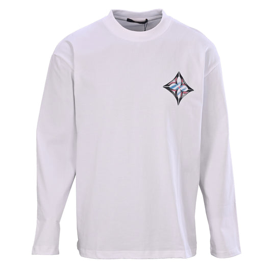 Louis Vuitton White Graffiti Flower Long-Sleeve T-Shirt, Relaxed Cotton Graphic Tee with Pink and Blue Monogram Artwork and Oversized Back Print