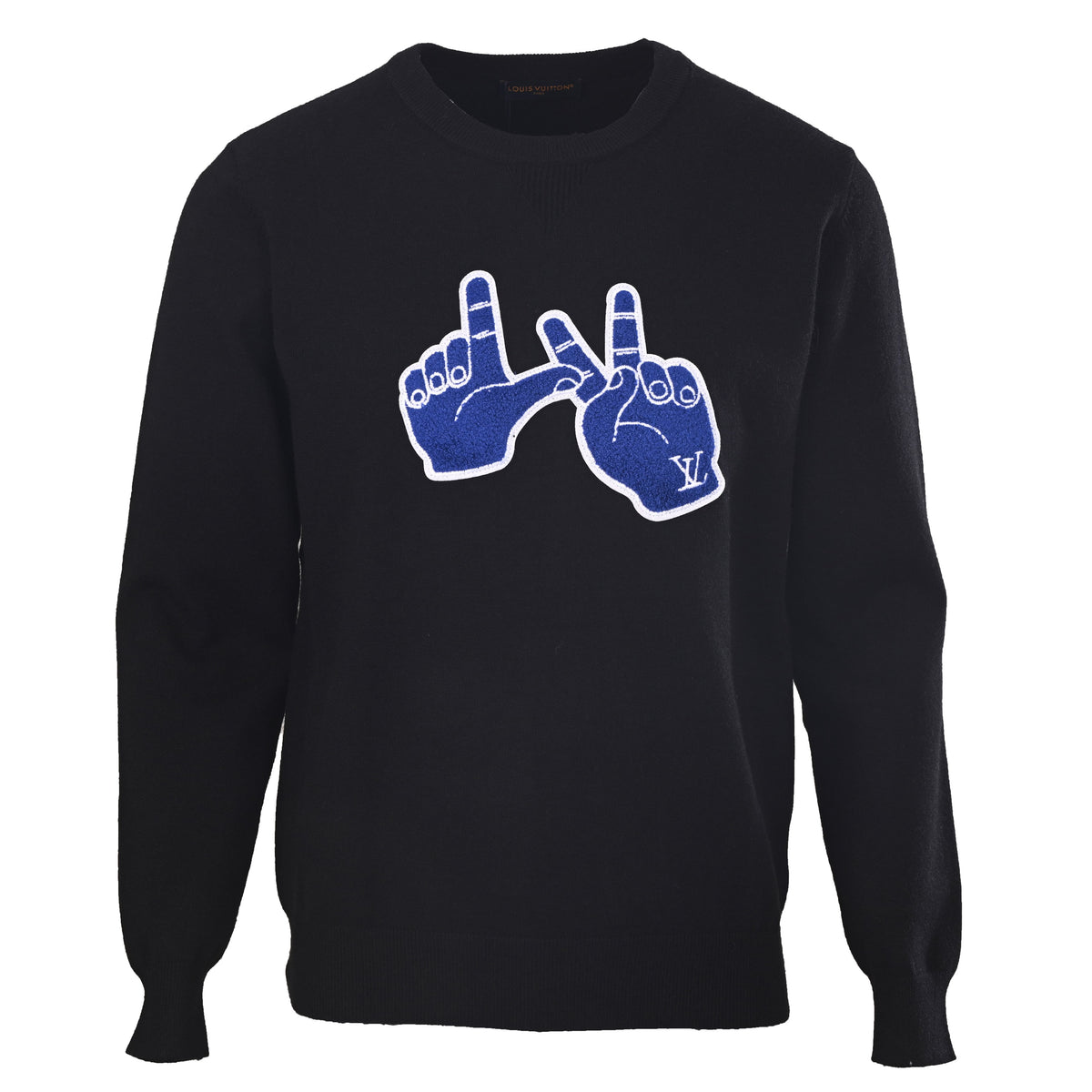 Louis Vuitton Blue Hand Gesture Knit Sweater - Statement Graphic Designer Knitwear for Casual Streetwear Outfits