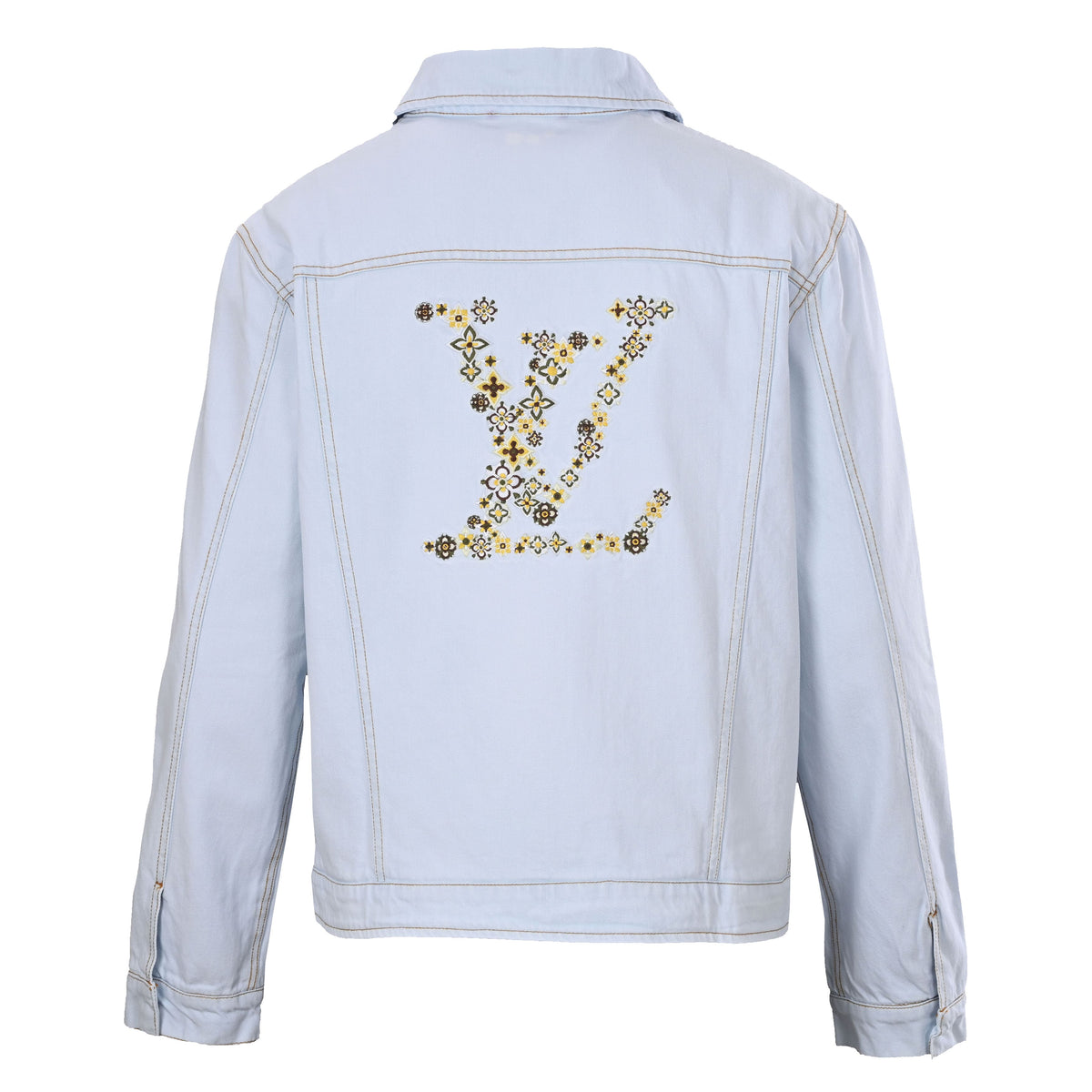 Louis Vuitton Blooming Floral Embroidered Denim Jacket, Light Blue Washed Zip-Up with Signature Back Logo for Designer Casual Style
