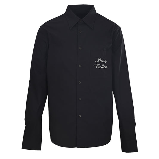 Louis Vuitton Black Beaded Logo Long Sleeve Shirt, Embellished Designer Button-Up for Evening Smart Casual Style