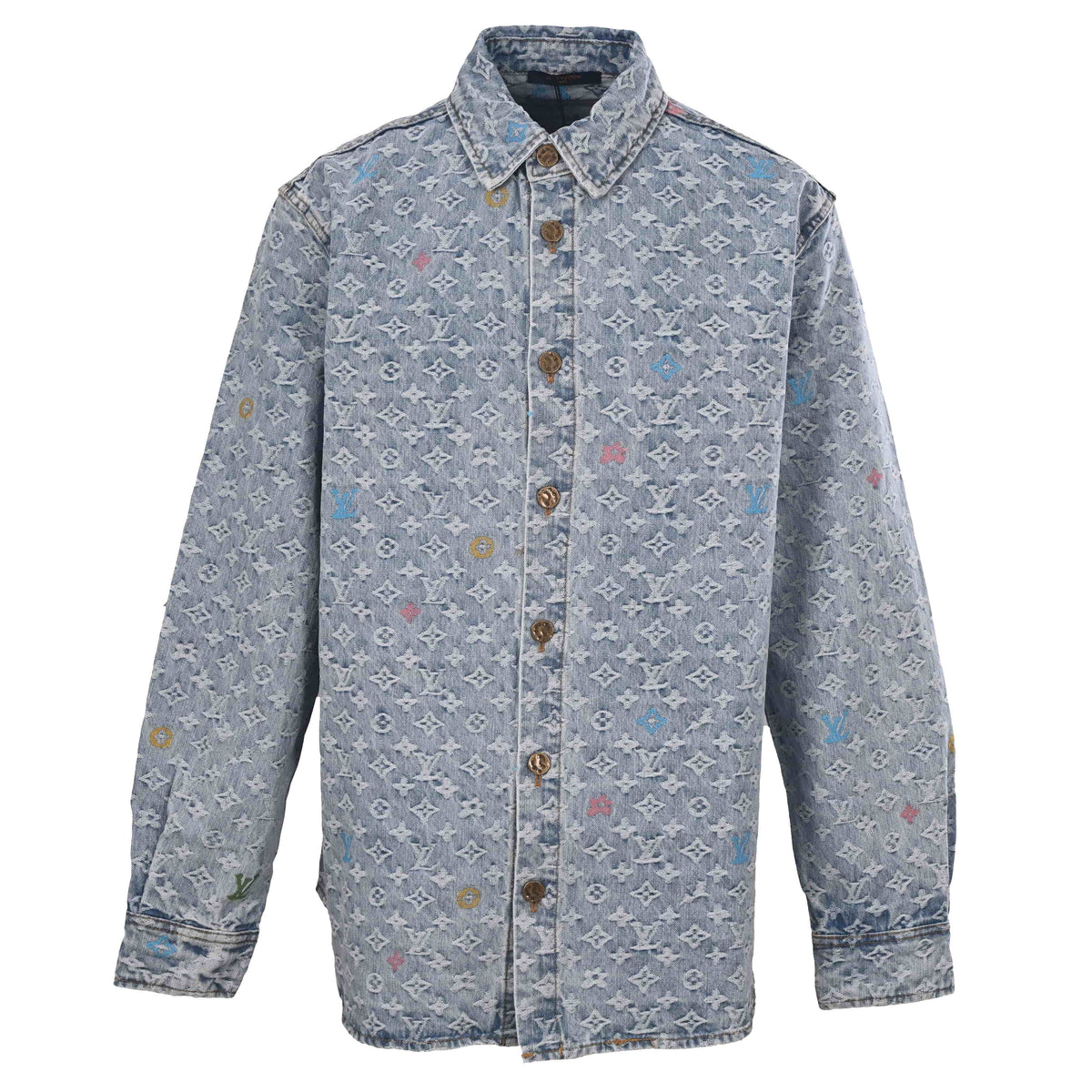 Louis Vuitton Monogram Jacquard Denim Shirt Jacket - Vintage Washed Light Blue Cotton Designer Shacket