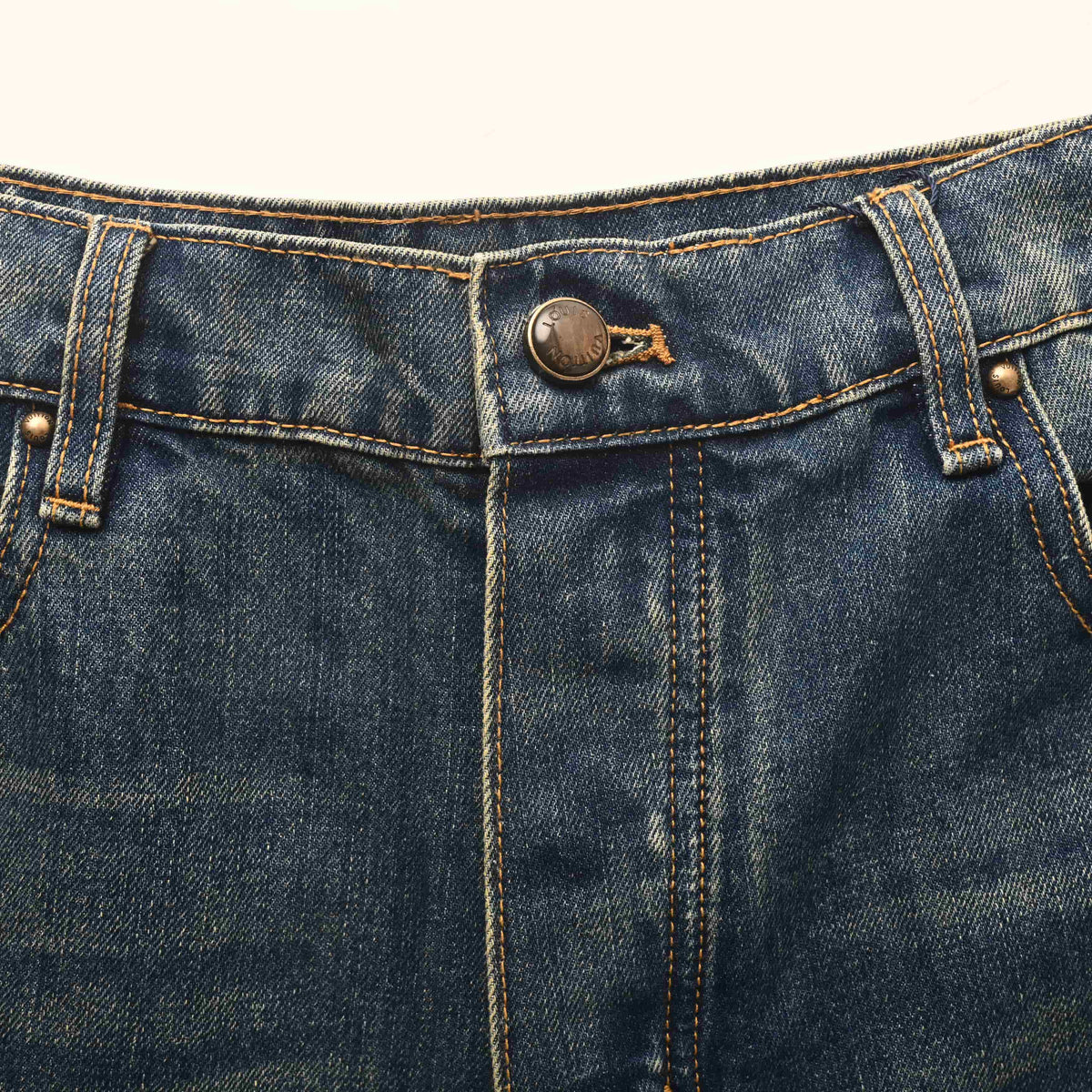 Louis Vuitton Washed Blue Straight-Leg Jeans with Brown Leather Back Pockets, Vintage-Inspired Designer Denim