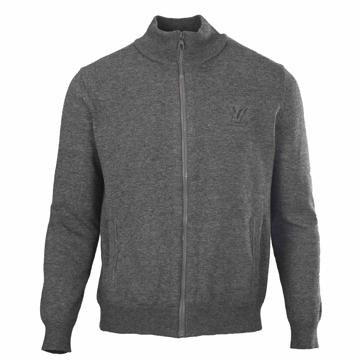Louis Vuitton Heather Grey Cashmere-Blend Full-Zip Sweater with Tonal Embossed Logo, Stand-Collar Designer Knit Cardigan