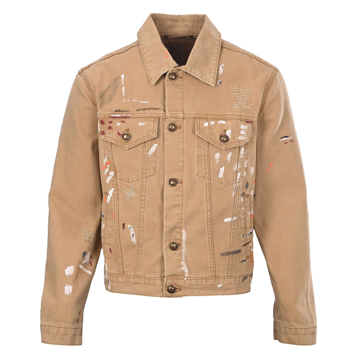 Louis Vuitton Khaki Paint-Splatter Denim Trucker Jacket, Graffiti-Inspired Designer Outerwear with Vintage Workwear Style